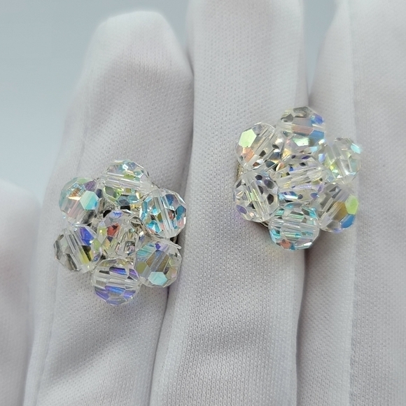 Vintage Crystal Aurora Borealis Clip Earrings Made In Italy #1209 - Picture 14 of 15
